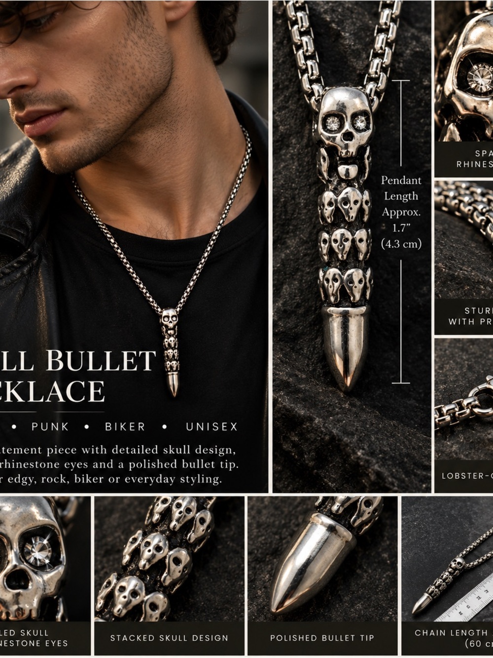 Skull Bullet Necklace Rhinestone Eyes Gothic Punk Biker Unisex